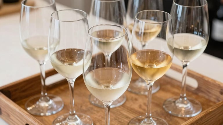 A high-angle shot of a flight of white wine glasses on a rustic wooden tray. Each glass shows a different shade of pale sand and gold. Photographed in a bright, boutique shop environment.
