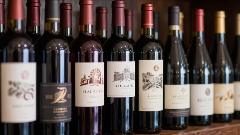Rows of artisanal red wine bottles stored horizontally in custom dark wood shelving. The focus is on the diverse and elegant label designs. Warm light highlights the deep plum colors of the bottle glass.