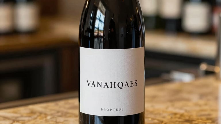 A detailed close-up shot of a bottle of red wine standing on a gold-veined marble counter. The label is minimalist and elegant. Soft North American boutique shop lighting creates a sophisticated rim light on the bottle glass.