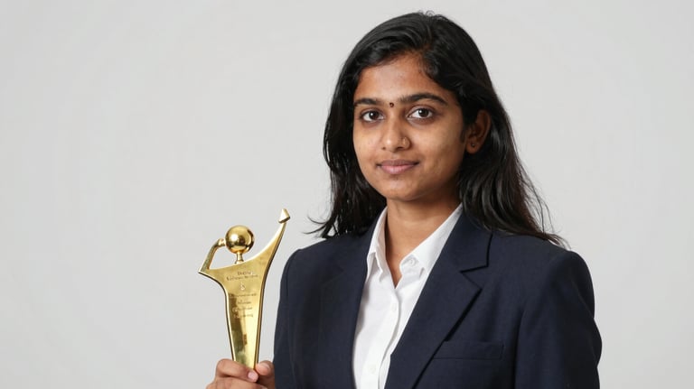 A focused photography portrait of a South Asian female student in a formal college blazer holding an academic award, set against a Soft White studio background.