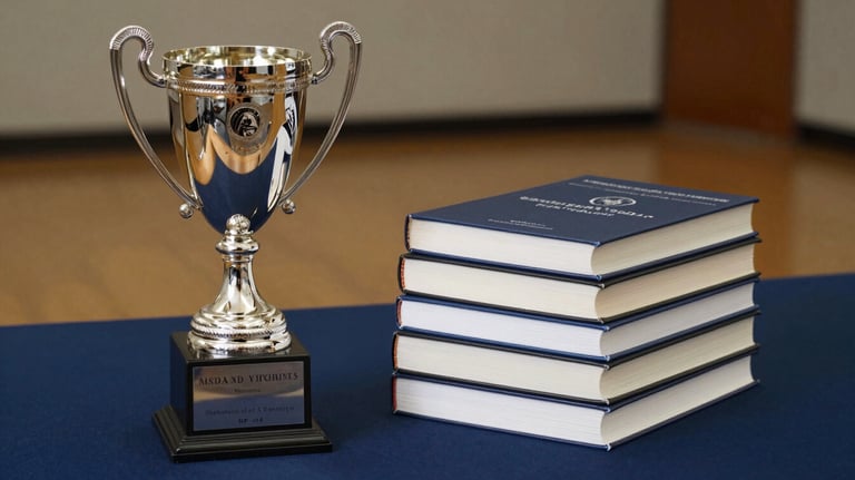 A high-quality photography shot of a silver trophy and a stack of professional books on a Navy Blue table, representing academic victory and hard work.