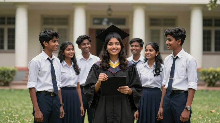 A professional photography shot of a group of South Asian students in uniforms celebrating their graduation on a campus with Soft White pillars and green lawns.