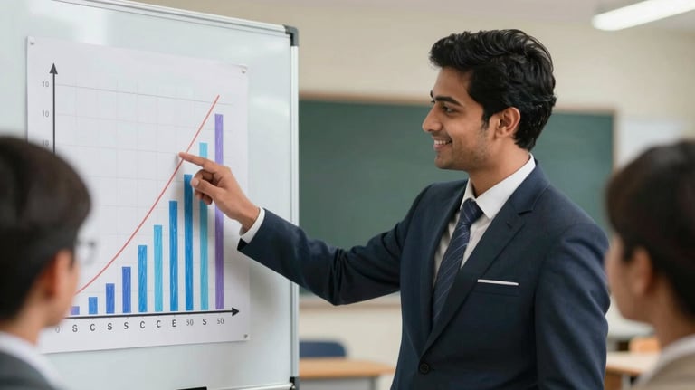 A candid photography shot of a young South Asian man in professional attire smiling while pointing at a success chart in a modern classroom setting.