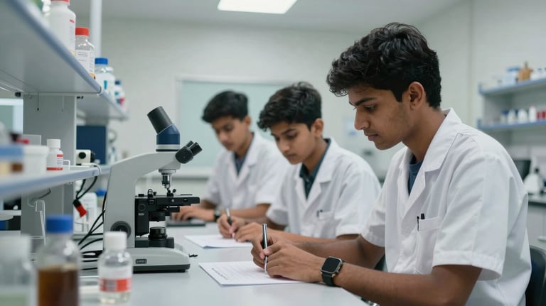 An action photography shot of South Asian students collaborating on a project in a clean, modern science laboratory with Powder Blue equipment.