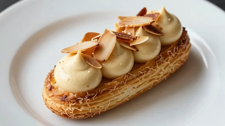 A beautiful Paris-Brest pastry with praline cream and almond slivers on a white ceramic plate, soft lighting, gourmet style.