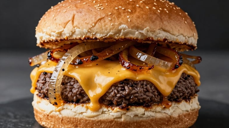 A gourmet burger with melted cheese and caramelized onions, presented on a dark slate plate, Western European style food photography, professional lighting.