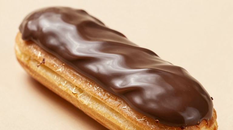 Close-up of a chocolate eclair with glossy ganache, artistic presentation on a beige background, Western European pastry shop style.
