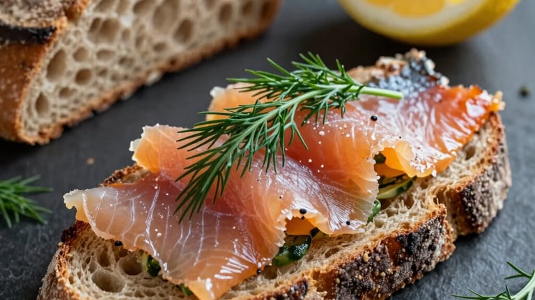 Slices of smoked trout with dill and lemon on artisanal bread, elegant rustic presentation, Western European French breakfast style.