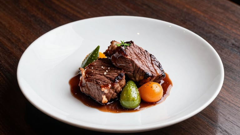 A sophisticated plate of slow-cooked beef with vegetable garnish, dark wood table, elegant restaurant setting, Western European style.