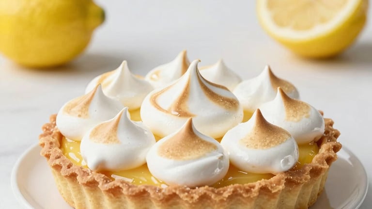 A bright and airy shot of a lemon meringue tart, professional studio lighting, Western European aesthetic, elegant composition.