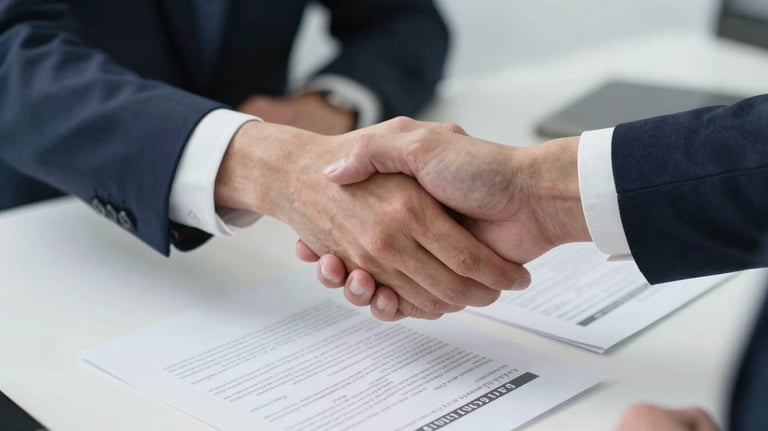 A clean, high-angle shot of a pair of professional hands shaking over a desk with financial documents, signifying a successful and trustworthy partnership.