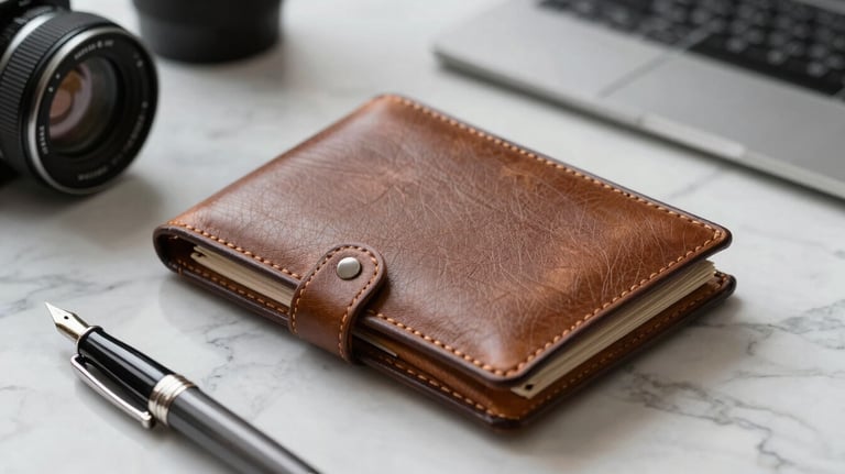 A high-quality photograph of a leather portfolio and a premium fountain pen resting on a marble surface in a sophisticated office environment.