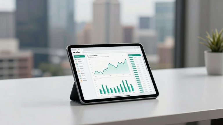 A detailed shot of a clean, minimalist workstation with a modern tablet displaying a financial interface, set against a blurred North American city background.