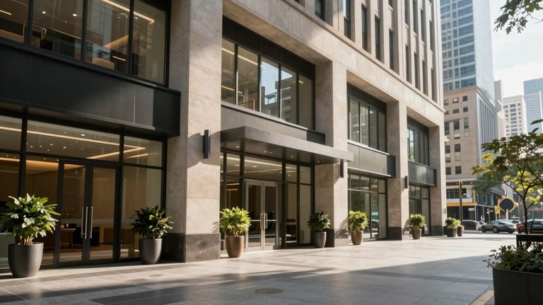 A professional wide shot of a sunlit, modern office lobby in a major North American city, conveying stability and a sophisticated corporate culture.