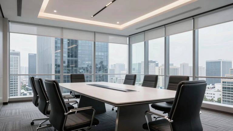 A bright and airy shot of a high-end boardroom in a modern skyscraper, featuring clean lines and a sophisticated, professional atmosphere.