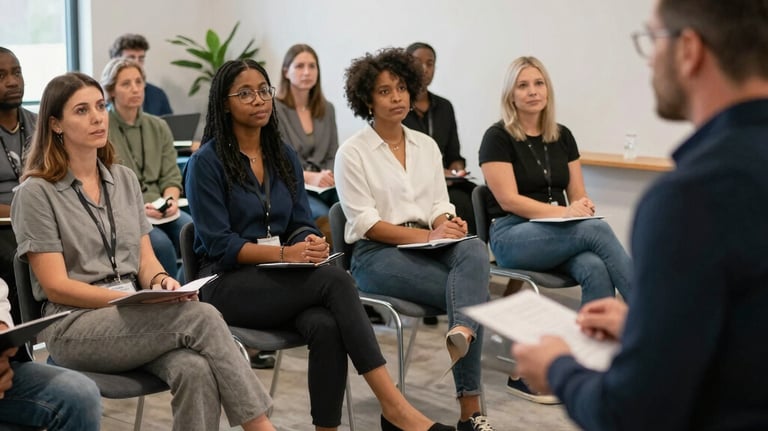 A friendly instructor presenting a live webinar with engaged participants
