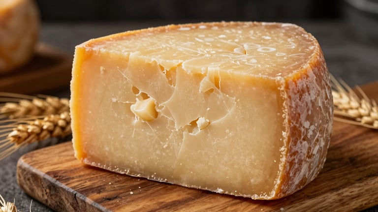 Close-up of Queso Arenoso, showing its distinct crumbly and textured surface on a rustic wooden board with some wheat stalks nearby.