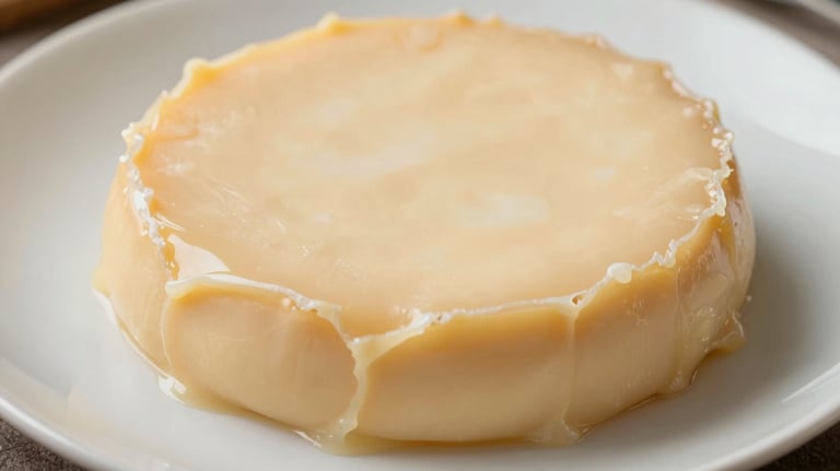 Close-up of Queso Manteco, emphasizing its creamy and smooth surface, slightly melting at the edges, presented on a soft white ceramic plate.
