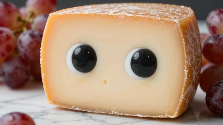 Close-up of Queso Suizo, featuring large, clean eyes and a smooth rind, presented on a marble surface with vibrant red grapes.