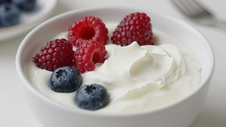 Close-up of a premium yogurt bowl with fresh berries, clean and bright lighting, showcasing dairy freshness in a Latin American / Spanish breakfast setting.