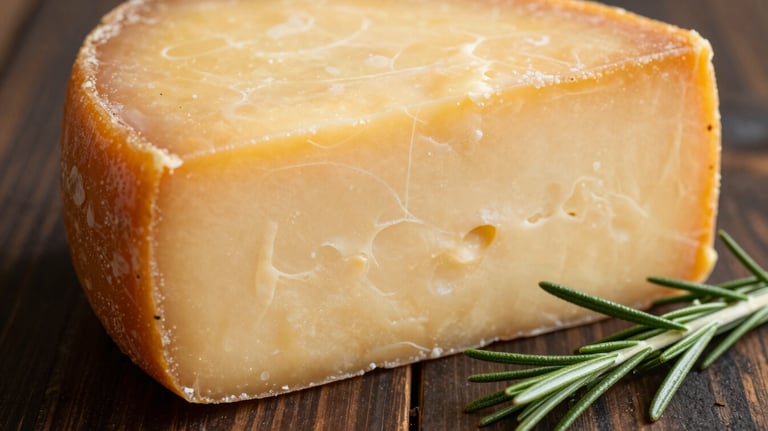 Close-up of Queso Lay, showing its firm texture and rich yellow hue, placed on a dark wooden surface with a sprig of rosemary.