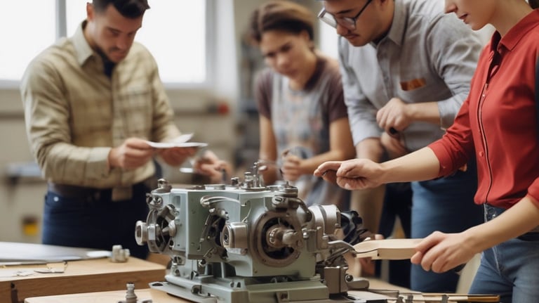 A group of diverse adults engaged in hands-on skills training in a bright, welcoming classroom