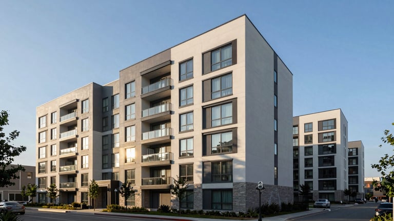 A modern North American / US multifamily apartment complex with clean lines and luxury amenities, photographed in the morning light. The sky is a Bright Sky Blue.