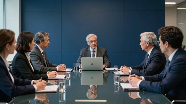 A boardroom meeting in a North American / US financial center. A glass table reflects a Deep Navy Blue wall. The lighting is crisp and modern.