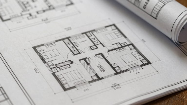 A close-up of high-quality architectural blueprints for a North American / US multifamily project. Professional Grey lines on Clean Off-white paper.