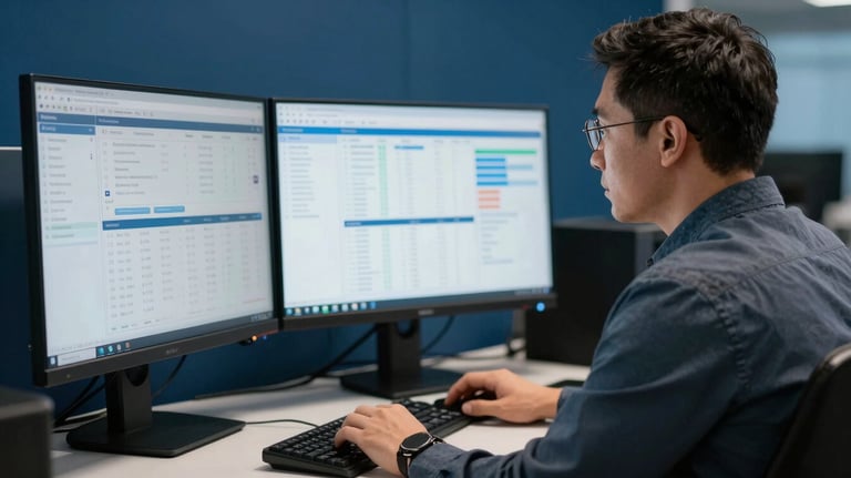 A focused North American / US financial analyst working with two monitors showing data. Hints of Bright Sky Blue in the UI and Deep Navy Blue office walls.