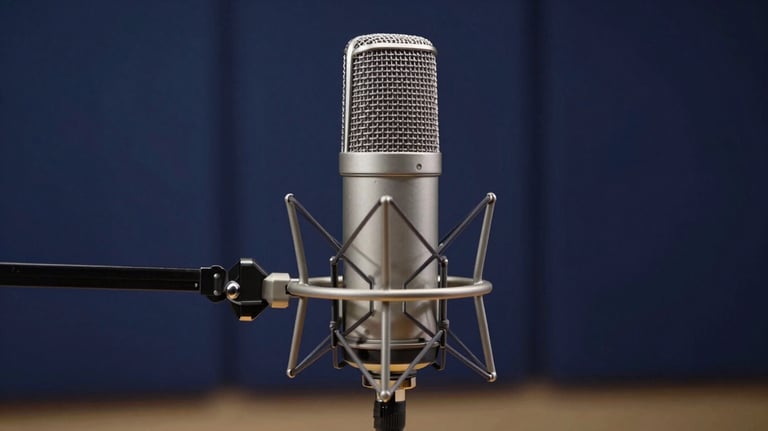 A modern, minimalist microphone in a professional podcast studio. The background is a Deep Navy Blue acoustic panel with soft accent lighting.