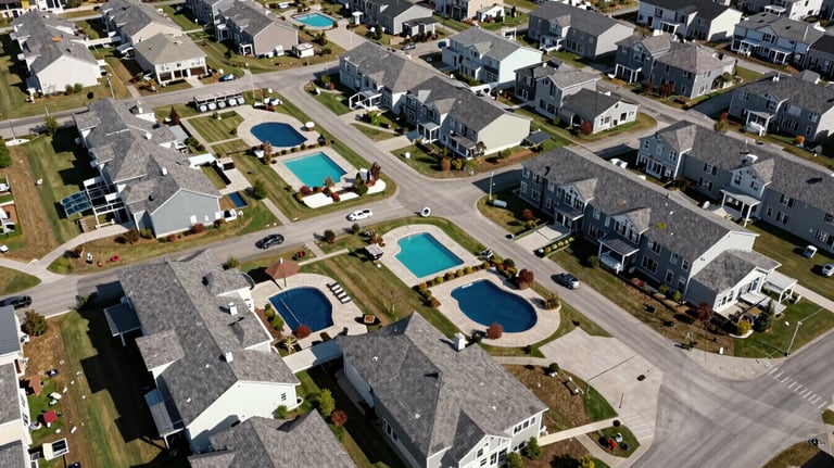An aerial view of an expansive North American / US residential development with multiple buildings. Professional Grey roofs and Deep Navy Blue swimming pools.