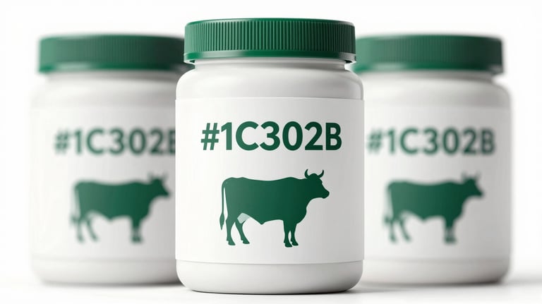 A professional product shot of a supplement container for cattle, featuring a clean white label with dark green #1C302B text and a simple cow silhouette. Studio lighting, white background.