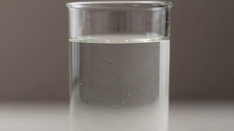 Macro shot of a high-quality liquid cattle supplement in a transparent glass container, showing its purity. Elements of #4B6F63 in the background.
