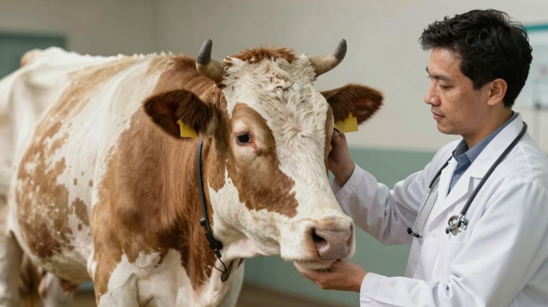 A professional image showing a veterinarian examining a healthy cow, representing the scientific vetting process of Ramya Vet products. Soft, expert lighting.