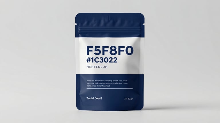 Clean, studio shot of a protective hoof-care supplement pack. Professional and modern packaging design using brand palette #F5F8F0 and #1C302B.