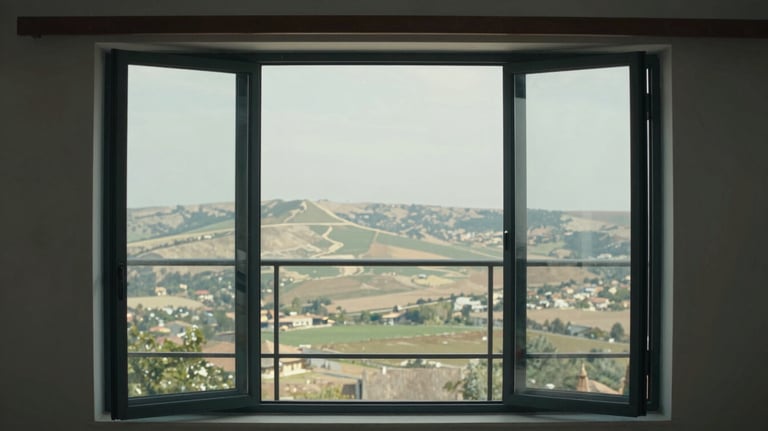 Photography of a folding glass balcony system fully opened, showing how it maximizes the view of the Anatolian landscape.