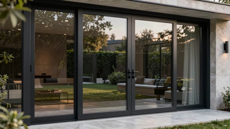 Photography of a sleek black aluminum frame sliding door installed in a contemporary Anatolian villa, overlooking a garden.