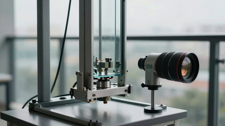 Photography of an automated giyotin glass system partially retracted, installed on a modern balcony, highlighting the mechanical precision.
