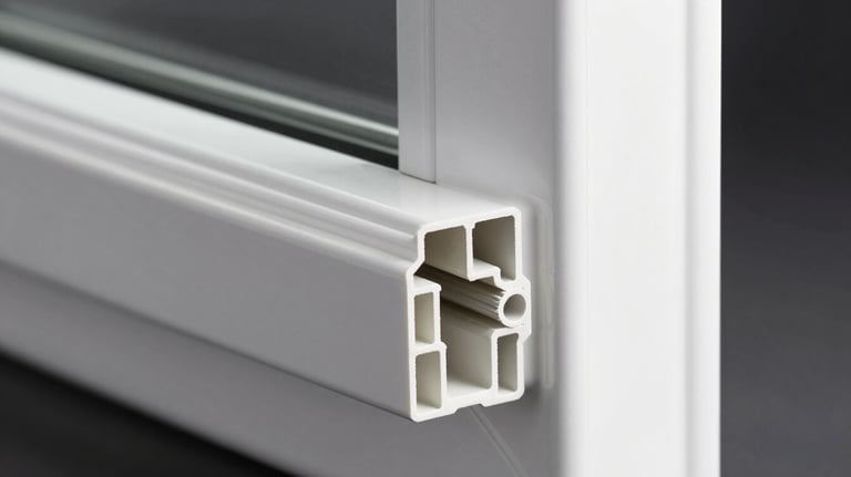 Close-up of a white PVC window frame showing the multi-chamber profile design for energy efficiency, studio lighting.