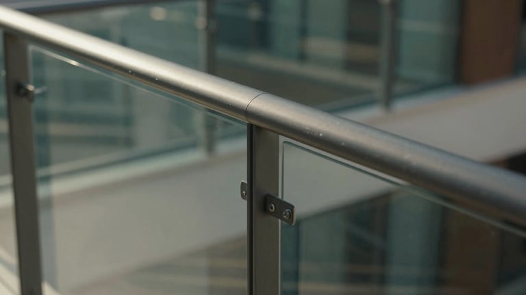 Detailed view of a sliding glass balcony system in a luxury apartment, showing the smooth rail mechanism and transparent panels.