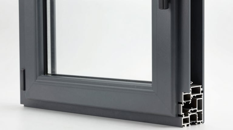 Studio photography of a premium anthracite gray aluminum window frame with triple glazing, white studio background, clean lighting.