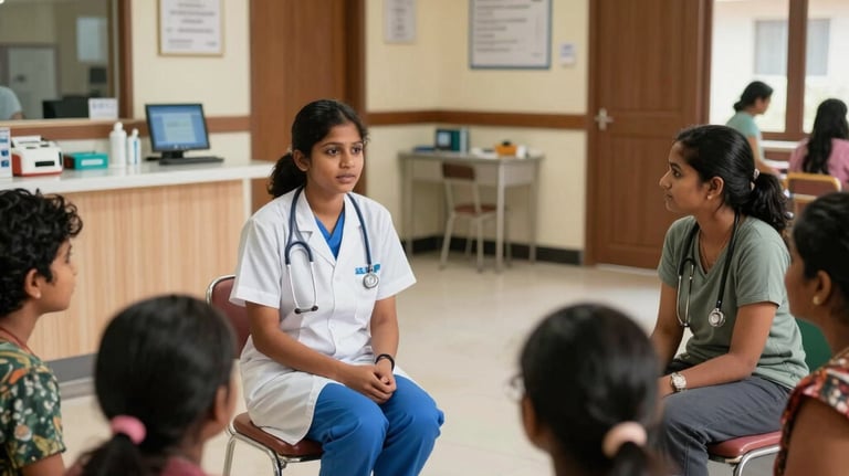 A wide shot of a South Asian community health center where a nursing student is talking to a family, showcasing real-world community health training and clinical practice.