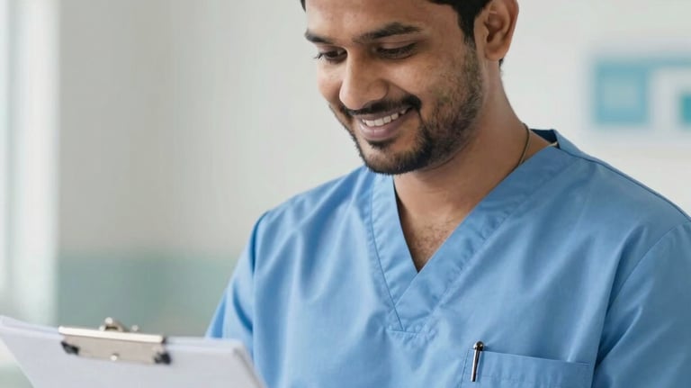 A close-up photography of a South Asian male nursing student in a light blue medical uniform, smiling warmly while checking a chart in a clean, modern clinical setting with soft natural light.