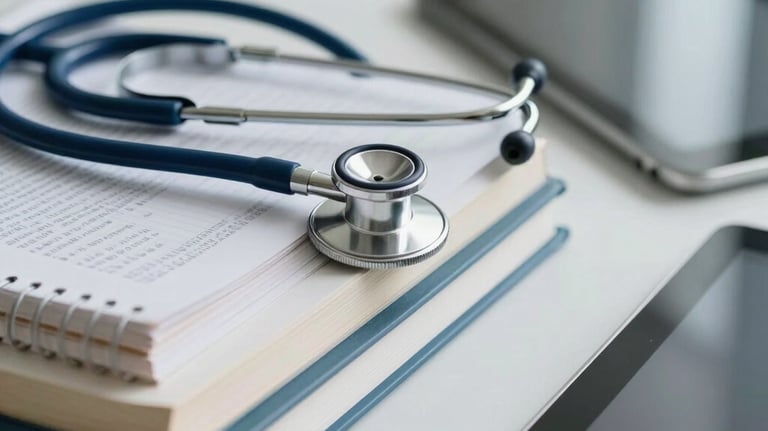 A close-up of medical textbooks, a stethoscope, and a digital tablet on a clean desk, representing modern nursing education in a professional South Asian academic setting.