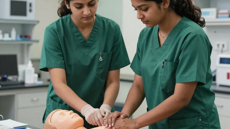 An action shot of two South Asian female healthcare students in green scrubs practicing first aid on a training mannequin in a well-lit, academic clinical laboratory.