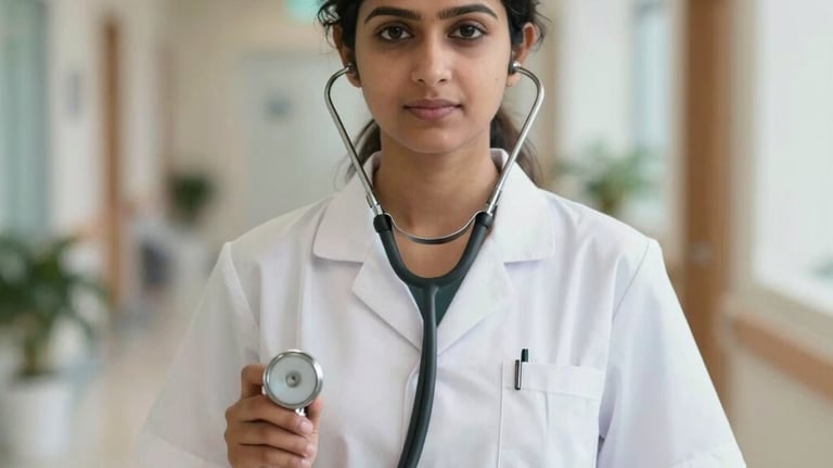 A professional portrait of a South Asian female nursing student in a white uniform holding a stethoscope, standing in a bright, modern hospital corridor with a soft-focus background.