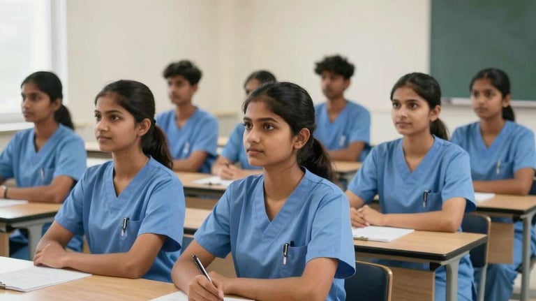 A group of South Asian nursing students, men and women, sitting in a modern, clean classroom with wooden desks, listening attentively to a lecture, with a bright and scholarly atmosphere.