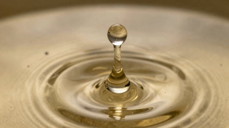 A macro shot of a single drop of mezcal creating golden ripples in a pool of liquid. Soft focused antique gold lighting.