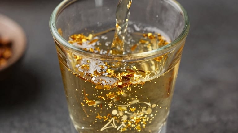 A close-up of a hand-blown mezcal cup being filled with a golden spirit, showing the rich texture and the glint of gold flakes inside. Mexican / Latin American setting.
